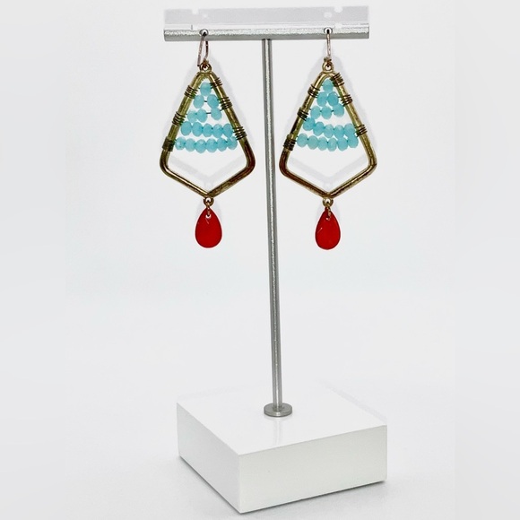 Wired Triangle Turquoise Colored Beaded Dangle with Red Gemstone Drop - Picture 4 of 4